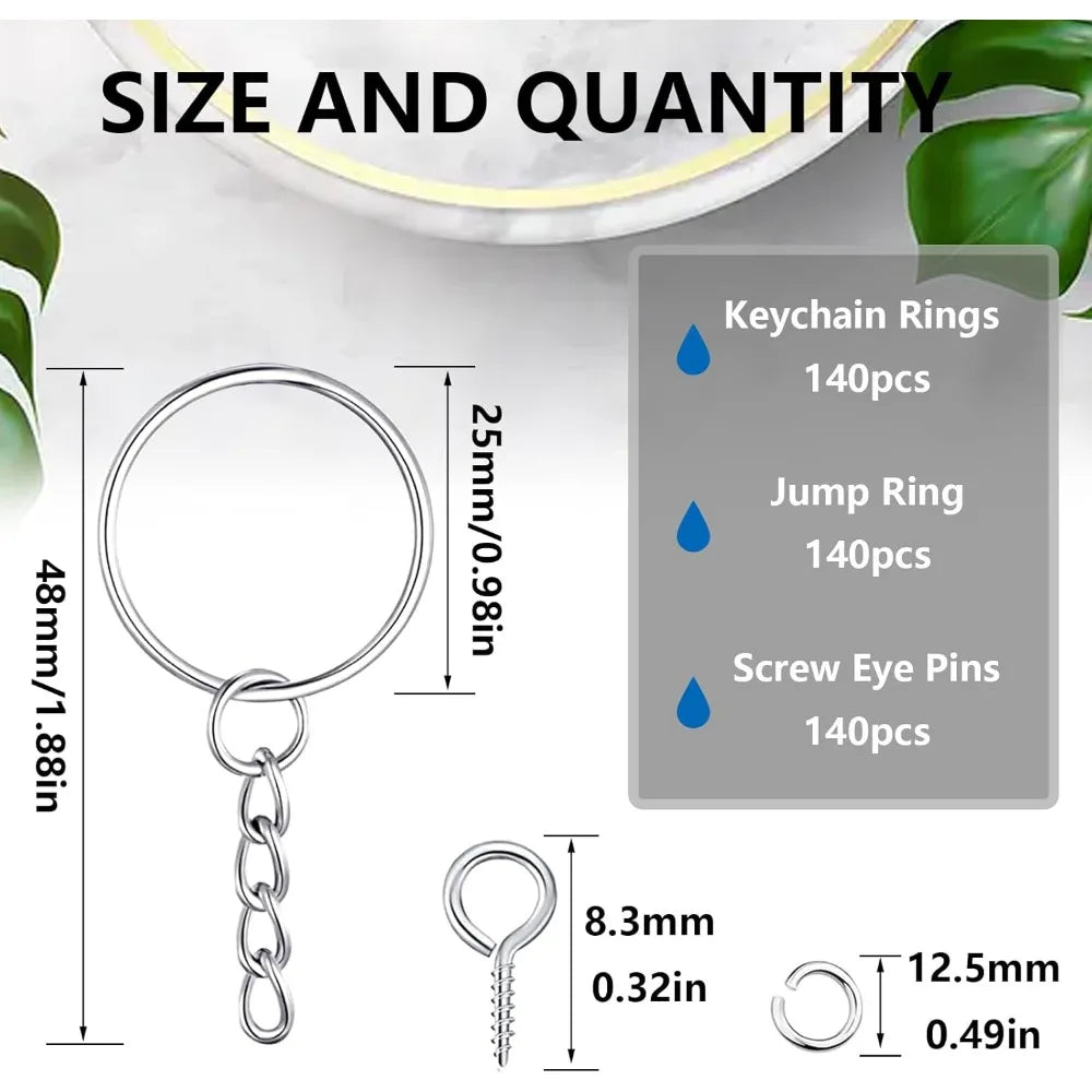 1 inch 25mm keychain making kit including 140 pieces of keychain rings with chains, 140 pieces of jump rings